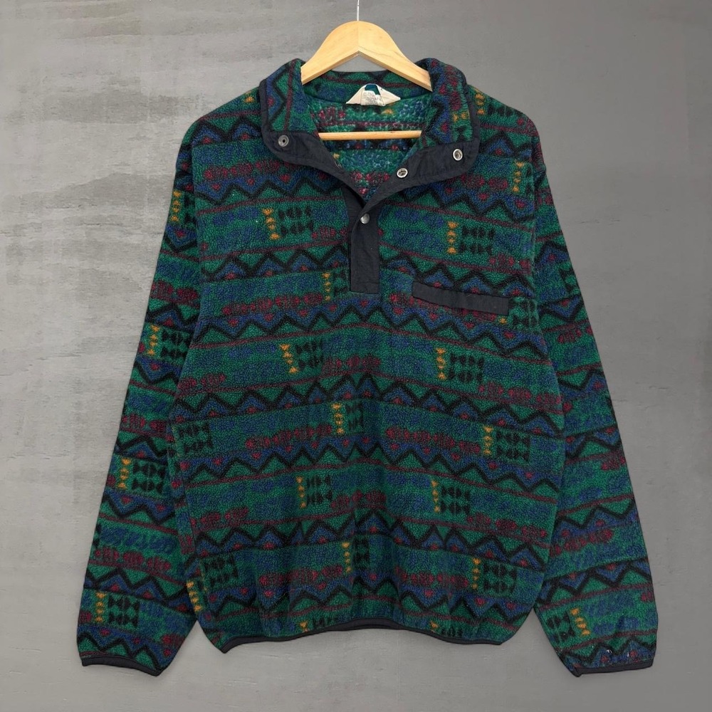 Vintage Synchilla Fleece Pullover Green Aztec Geometric Snap Neck 90s XL